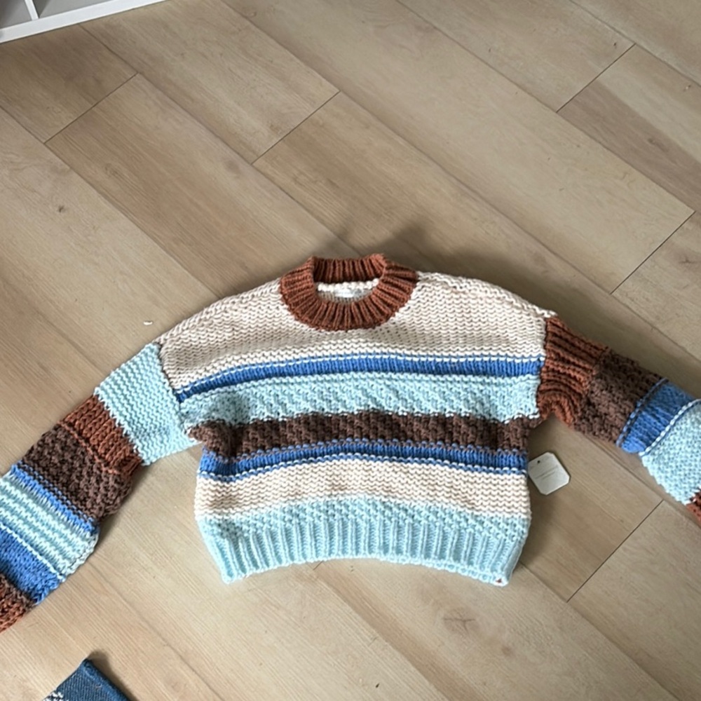 Altar'd State Cream and Blue Crew Neck Sweater
